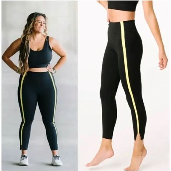 Zyia Active Luxe Yellow Stripe High Waist 7/8 Length Leggings - Picture 1 of 15